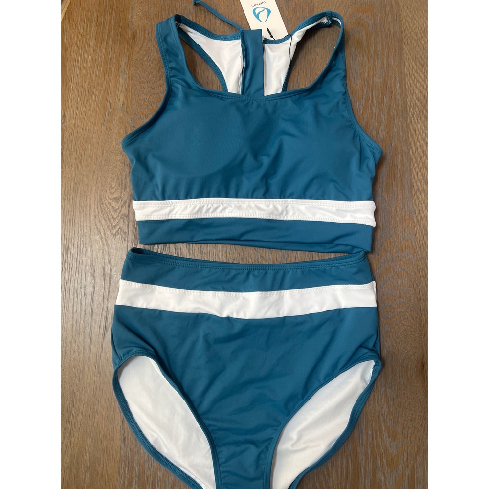 Dipinon Teal White Stripe High Waisted Racerback Bikini Set M